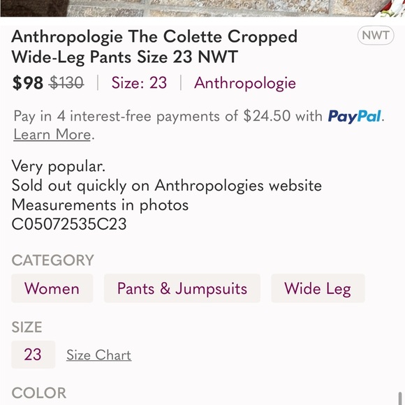 Anthropologie The Colette Cropped Wide-Leg Pants Size 33 NWT - Picture 16 of 16
